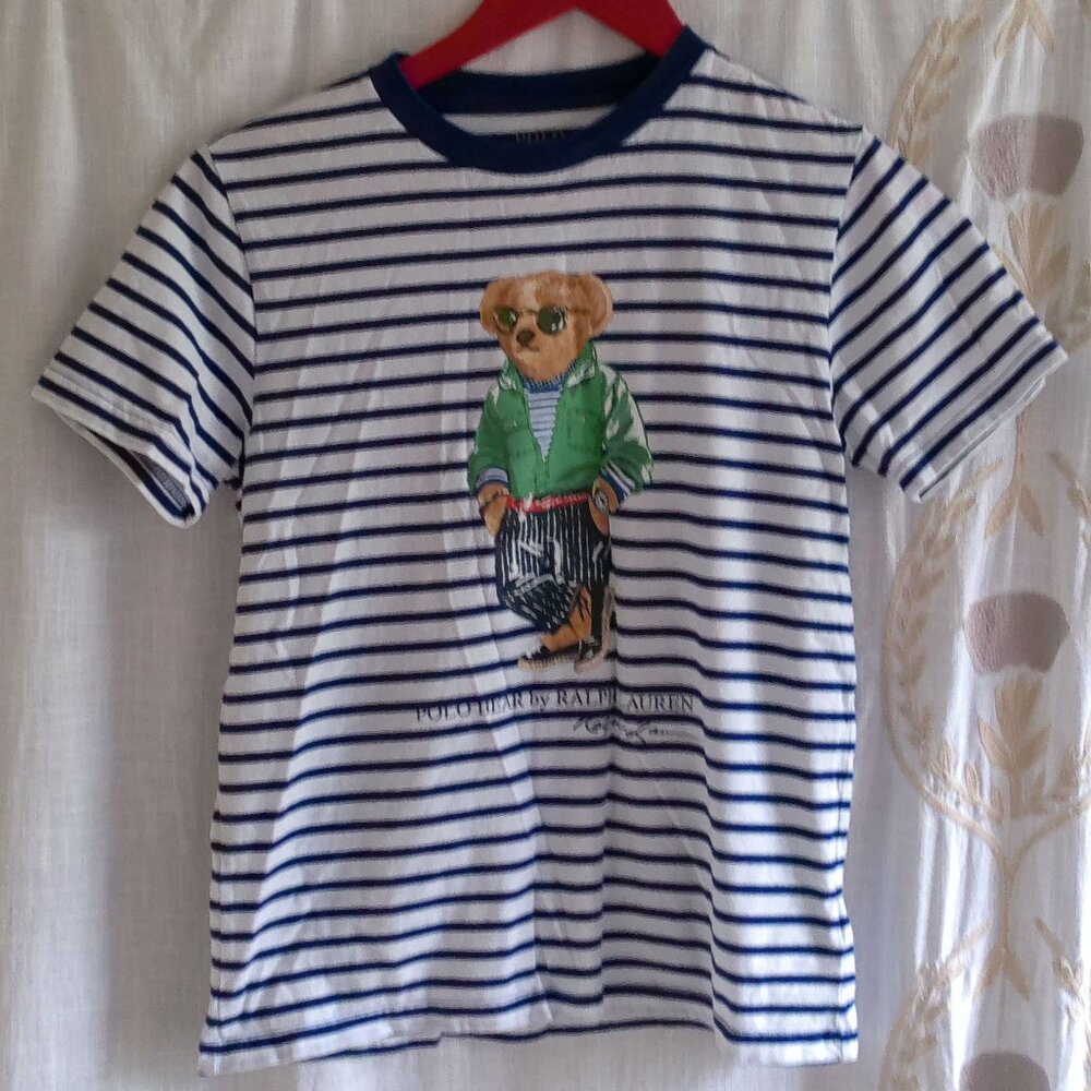 Ralph Lauren Polo Bear Blue and White Striped Tee Boy’s Medium